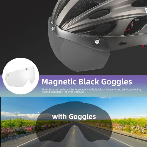 Vista 5 de ROCKBROS - Casco de bicicleta para hombres y mujeres adultos con ajuste sugerido de 58-65cm, gafas magnéticas desmontables y visera solar, ligero Ti