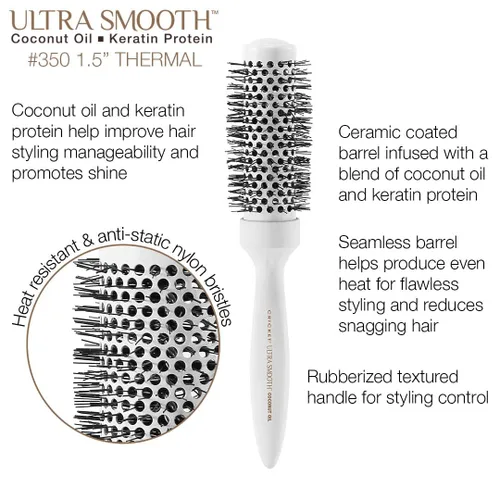 Vista 2 de Cricket Cepillo térmico de coco ultra suave, barril de cerámica de 1.5 pulgadas, aceite de coco y queratina, cerdas antiestáticas resistentes al