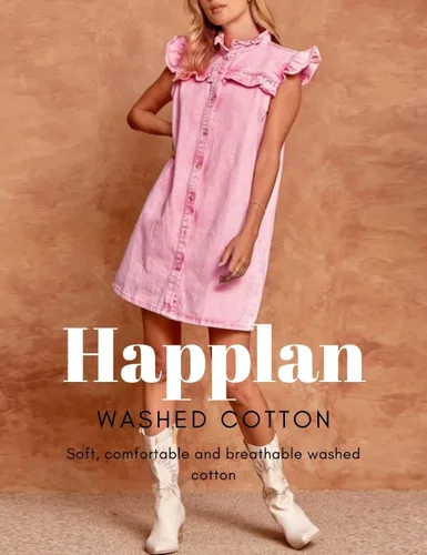 Vista 3 de happlan Vestido de mezclilla con botones y cuello de loto desgastado para mujer