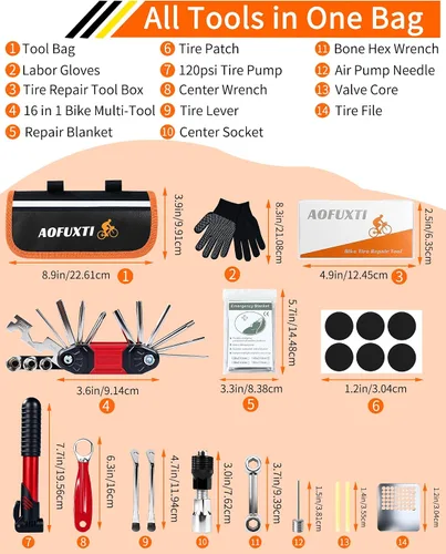 Vista 2 de Kit de reparación de bicicleta de 14 piezas con bomba de neumáticos, portátil y duradero Essential Bicycle Tool kit with 16-in-1 tool, tire