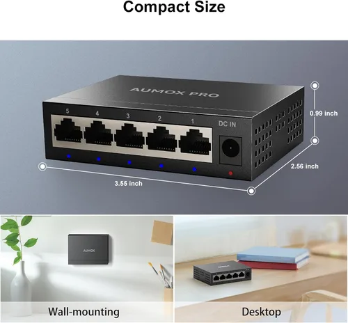 Vista 3 de Conmutador Ethernet Gigabit no administrado de 5 puertos, concentrador de red AUMOX PRO Home, divisor Ethernet de oficina, Plug-and-Play