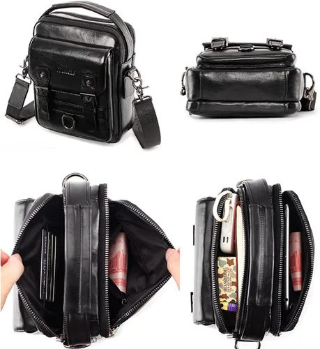 Vista 6 de Hebetag Bolso bandolera de cuero pequeño para hombre, para viajes al aire libre, negocios