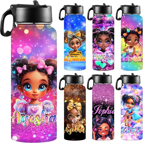 Vista 34 de Botellas de agua personalizadas para niñas, de acero inoxidable con aislamiento de doble pared con pajita, botella de agua de color degradado