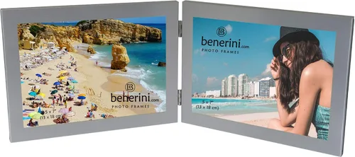 Vista 9 de benerini Marco de fotos plegable doble de aluminio cepillado de color plateado satinado para 2 fotos, incluye 2 fotografías estándar de 6 x 4