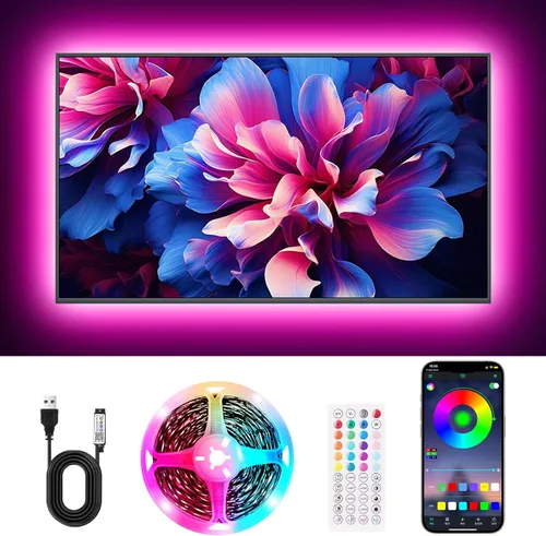 Vista 14 de Tiras de Luces LED, 50 pies RGB Inteligente con Sincronización Musical Bluetooth App y Control Remoto, Luces LED Alimentadas por USB para TV