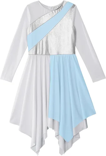 Vista 3 de JEATHA Vestido tipo túnica asimétrica de alabanza metálica brillante de manga larga para niños y niñas, disfraz de baile contemporáneo lírico