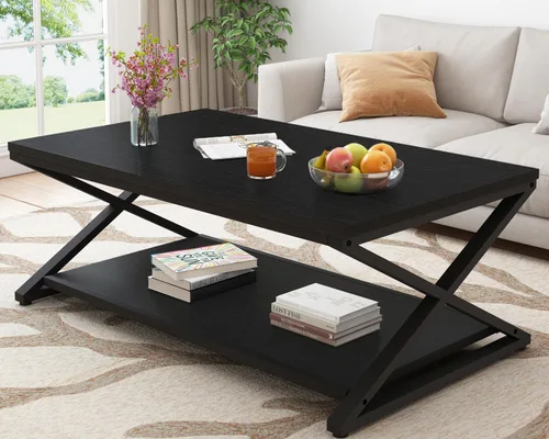 Vista 20 de HSH Mesa de sala de estar de madera de metal minimalista moderna negra con estante de almacenamiento, mesa central rectangular de 39 pulgadas y 2