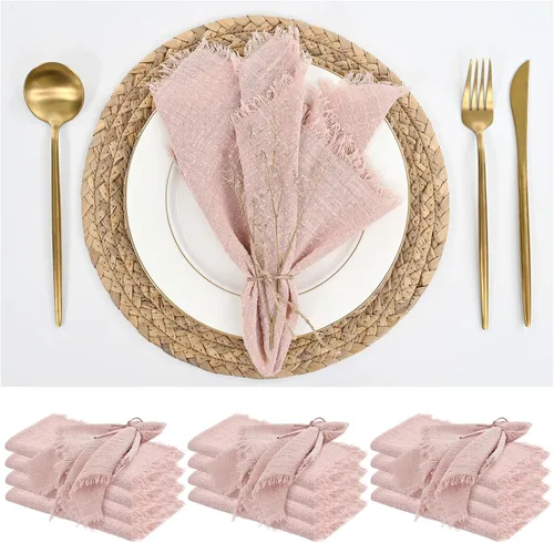 Vista 34 de Paquete de 12 servilletas de lino y algodón beige de 16 x 16 pulgadas, hechas a mano con flecos, servilletas de tela suave, lavables y rústicas
