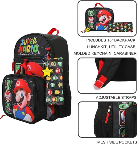 Vista 2 de Super Mario Bros Character Grid - Juego de mochila juvenil de 5 piezas de 16 pulgadas, Negro -, Mochila, simple