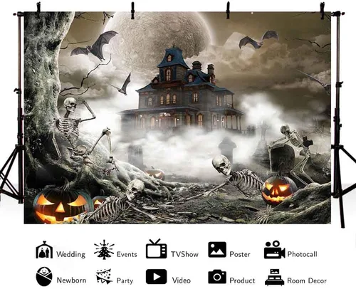 Vista 2 de AIBIIN Telón de fondo de fotografía gris de Halloween de 8 x 6 pies, luna llena, noche de miedo, fantasma, castillo, fondo para fotos, calabaza