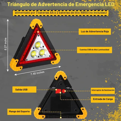 Vista 3 de Huquary - Paquete de 3 triángulos LED de emergencia, advertencia Seguridad en carretera para automóvil, camión, RV, 4 modos de iluminación