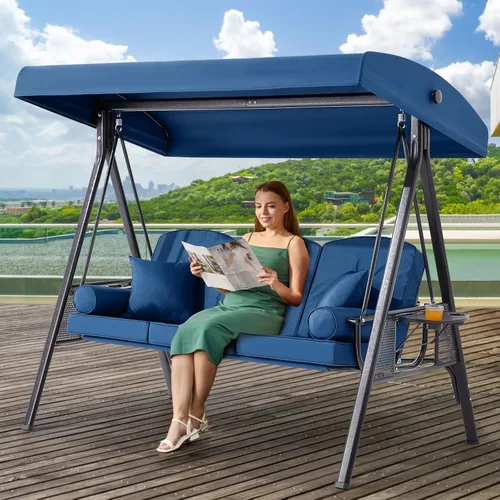 Vista 30 de Columpio de porche para exteriores 3 en 1 con toldo ajustable, columpio de 3 asientos para adultos, columpio de patio con cojines gruesos, almohadas