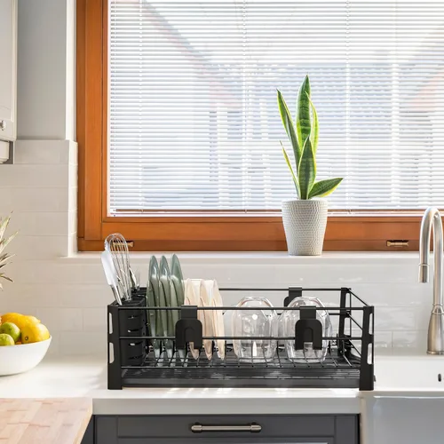Vista 6 de SIMPLE HOUSEWARE Escurridor de platos con escurridor, soporte para utensilios y ganchos para tazas, organizador de mostrador de cocina de metal negro