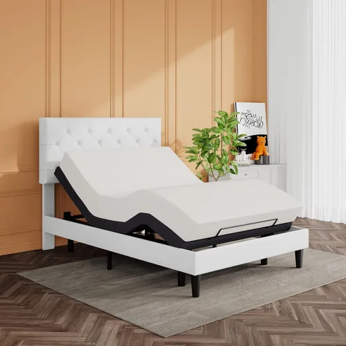 Vista 7 de SHA CERLIN Base de cama tamaño completo con cabecera capitoné con botones, base de colchón tapizada en cuero sintético, base de cama de plataforma