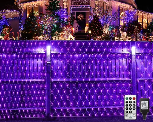 Vista 10 de Luz de Red Navideña para Exteriores, 5 pies x 5 pies, 100 luces LED de malla, operadas por batería, luces de red de Navidad conectables e