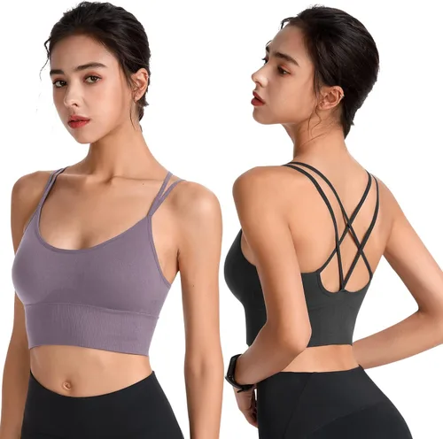 Vista 2 de Sujetadores deportivos con espalda cruzada para mujer, con tirantes acolchados y cruzados, para yoga, entrenamiento, fitness, bajo impacto