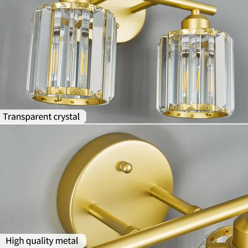 Vista 5 de Lámpara de tocador moderna de cristal de 2 luces, accesorio de luz vertical dorada para baño sobre espejo para mesa de tocador y fregadero