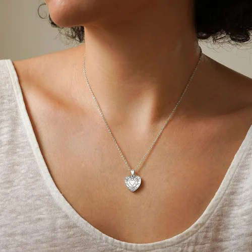 Vista 2 de ChicSilver Collar con medallón de flores grabadas de plata de ley 925 para mujeres que sostienen imágenes, medallón personalizado con imagen, cadena