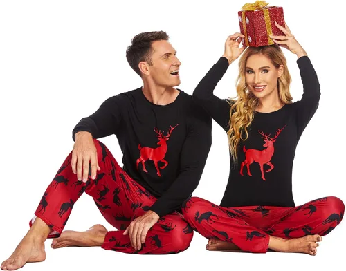 Vista 4 de Ekouaer - Conjunto de pijama de Navidad a juego para la familia, ropa de dormir y de descanso, camiseta de manga larga sin botones y pantalones