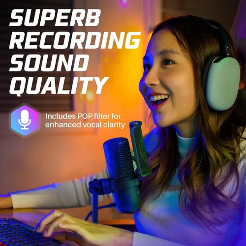 Vista 6 de Neptune Sonus - Micrófono para juegos Micrófono de transmisión con filtro pop para claridad vocal Micrófono de escritorio para transmisión, Negro