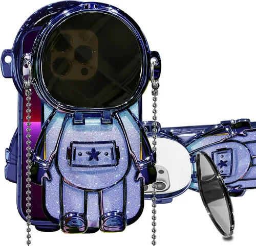 Vista 15 de Funda de astronauta compatible con iPhone 14 Pro Max con soporte, espejo, correa de hombro con cordón, espejo de papel con purpurina desmontable