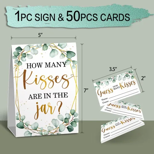 Vista 4 de How Many Kisses - Kit de tarjetas de juego de despedida de soltera (1 letrero de pie + 50 tarjetas de adivinanzas), hoja de eucalipto
