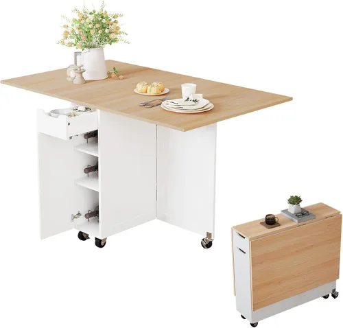 Vista 10 de 3imothrix Mesa de comedor plegable, mesa de comedor con cajón y almacenamiento y estantes, mesa de comedor que ahorra espacio con 6 ruedas, mesa