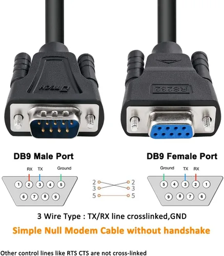Vista 2 de DTech DB9 RS232 - Cable serie macho a hembra, cable de módem nulo, línea cruzada TX RX para comunicación de datos (10 pies, negro)