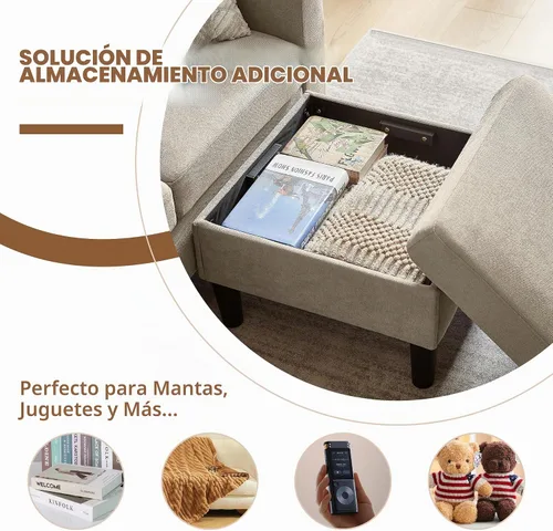 Vista 7 de Juego de sofá seccional de 2 piezas, juego de sofá y silla de 3 asientos con bolsillos laterales y otomana de almacenamiento móvil, moderno juego