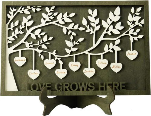 Vista 11 de Jeweidea Letrero personalizado con nombre de la familia con 2-9 nombres, adorno personalizado con placa grabada del árbol de la vida con soporte, 2