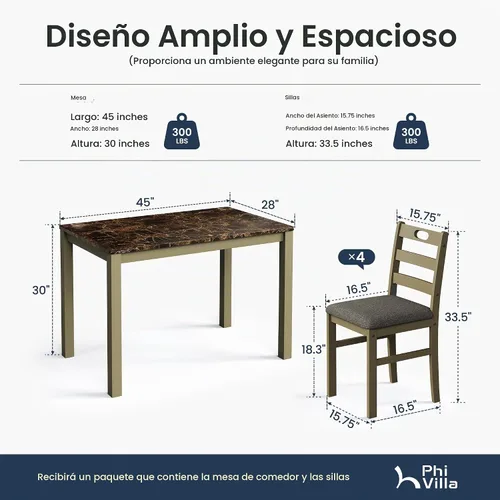 Vista 2 de PHI VILLA - Juego de mesa de comedor para 4, mesa y sillas de cocina con diseño de mármol Emperador Mármol Oscuro y Oliva