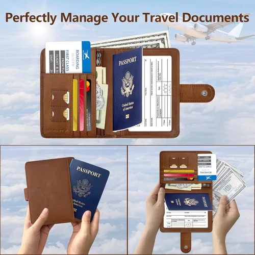 Vista 3 de Cartera de pasaporte de cuero genuino, Nuevo camello