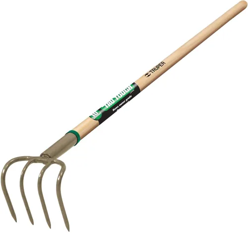 Vista 5 de Truper GreenBuilt Cultivador soldado de 4 dientes, mango de madera dura encerada de alta calidad, herramienta de aireación y deshierbe de alta