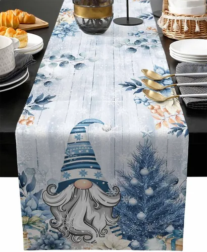 Vista 8 de Camino de mesa de Navidad, algodón y lino, bufandas de tocador de vacaciones de 36 pulgadas, gnomos de eucalipto azul retro, diseño de copos