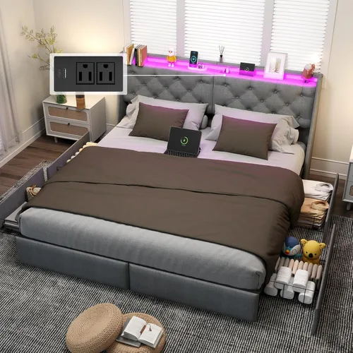 Vista 13 de UINTAI Marco de cama tamaño completo con cabecero y 4 cajones de almacenamiento, cama de plataforma metálica tapizada con respaldo abatido y luces
