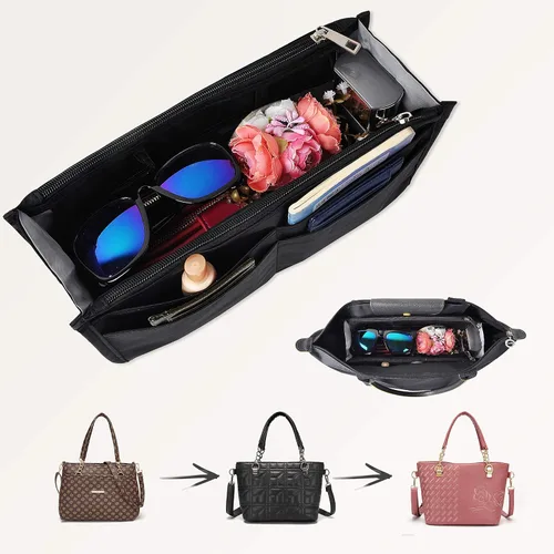 Vista 6 de Bolso de mano estilo cartera de Vercord para mujer con organizador incorporado, estampado bien definido, con manijas y cremallera, tamaño 2, Negro)