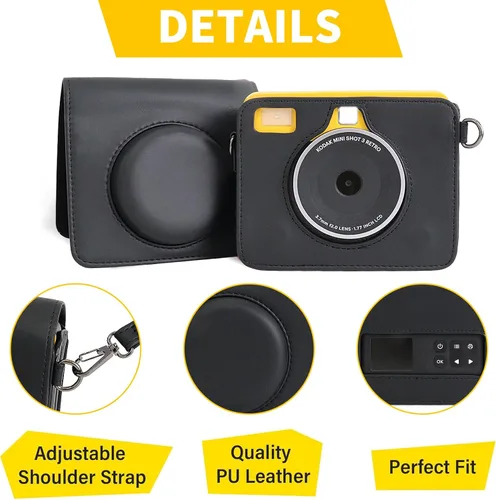 Vista 5 de Rieibi Funda Kodak Mini Shot 3 Retro (Nuevo Modelo), Funda Protectora de Cuero PU para Cámara Kodak Mini Shot 3 Retro C300R 2-en-1 Nuevo Negro