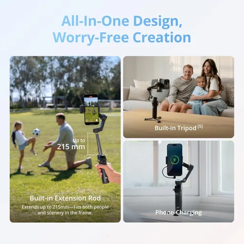 Vista 6 de DJI Osmo Mobile 8 Advanced Tracking Combo Gimbal Stabilizer para teléfono, seguimiento nativo de IA con audio e iluminación, rotación panorámica
