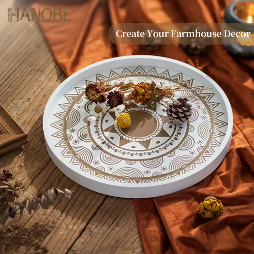 Vista 6 de Hanobe Bandeja decorativa para mesa de centro: redonda bohemia para decoración del hogar, bandejas de madera de granja blancas, centro de mesa