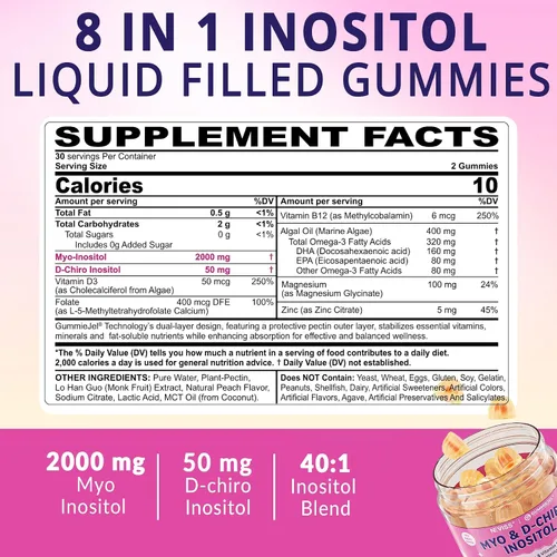 Vista 2 de Suplemento de mio-inositol y D-Chiro inositol para mujeres, proporción 40:1 de inositol con Omega 3, MTHF Folato, vitamina D3, B12, magnesio y zinc