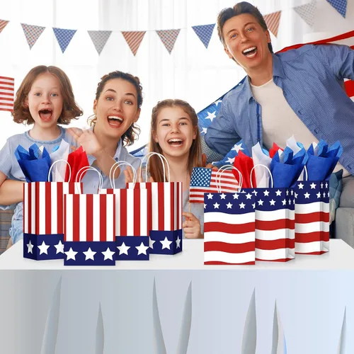 Vista 6 de Tisancy 30 bolsas de regalo patrióticas con asa con 30 piezas de papel de seda rojo, blanco y azul, 4 de julio, bandera estadounidense, bolsas