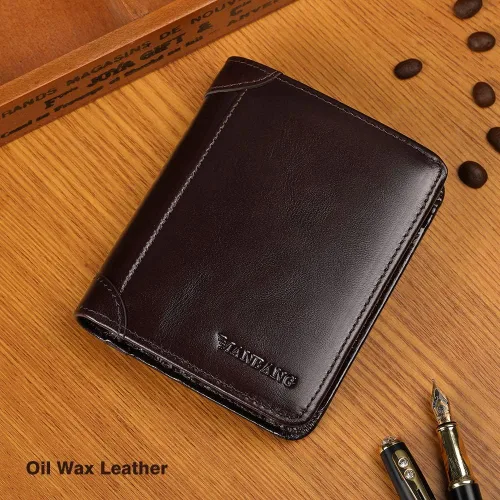 Vista 7 de CHANPINCL Billetera de piel triple con bloqueo RFID para hombre con 2 ventanas de identificación, 2 compartimentos para efectivo, 6-8 ranuras