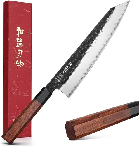 Vista 21 de Juego de cuchillos de cocina 4 piezas, cuchillo de chef de acero revestido Nakiri forjado Santoku, mango octogonal de madera
