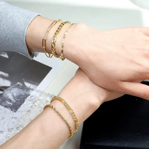 Vista 4 de KesaPlan Pulsera de moda para mujer, chapado en oro real de 14 quilates, delicado eslabón cubano con clip de cuerda, paquete de pulseras para niñas