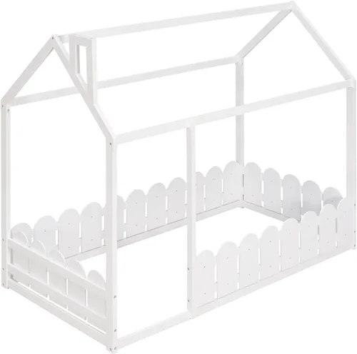Vista 6 de Harper & Bright Designs Camas de casa para niños, cama de piso individual con valla de madera, marco de cama de cabaña que se puede decorar