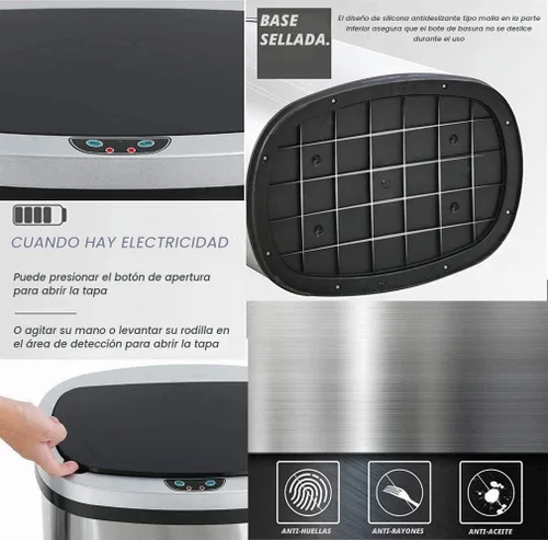 Vista 4 de Bote de basura de 13 galones con tapa, botes de basura automáticos para cocina, 50 L, con sensor de movimiento, cubo de basura de acero inoxidable