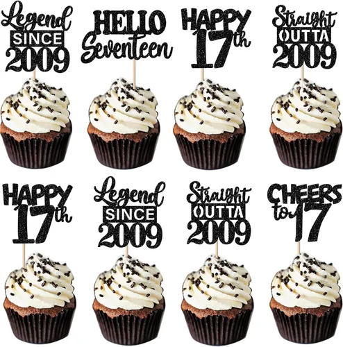 Vista 46 de 30 piezas negras para cupcakes de 10.º cumpleaños con purpurina Ten Happy 10 Straight Outta 2016 para saludos a 10 años 10 cumpleaños, boda Negro