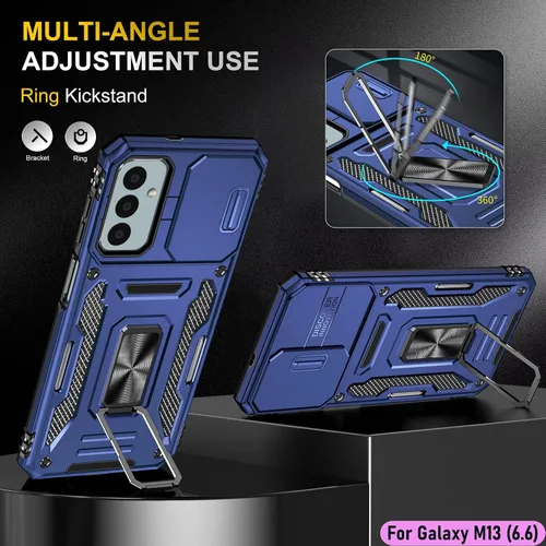 Vista 5 de Funda resistente para Samsung Galaxy M13, protección híbrida de goma de doble capa de grado militar con protector de cámara deslizante, soporte