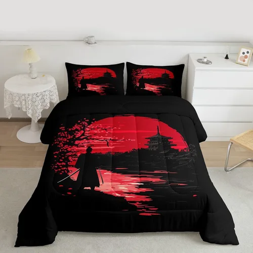 Vista 2 de Erosebridal - Juego de edredón Samurai, juego de ropa de cama al atardecer, edredón japonés de samurái cálido y suave, decoración de dormitorio
