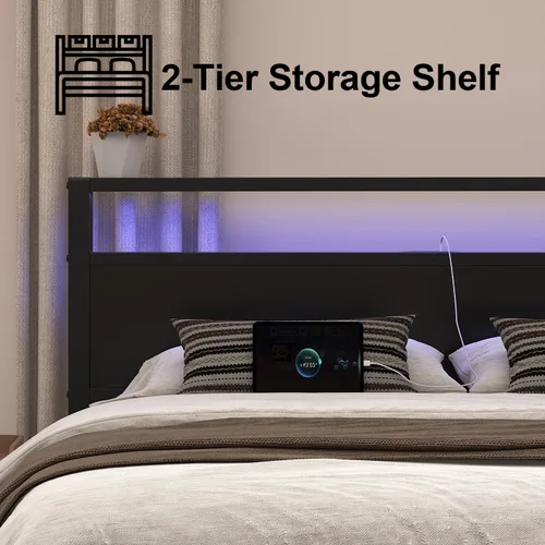 Vista 6 de LoVinson Full Size Bed Frame with Charging Station and LED Light, Metal Platform Bed with Storage Headboard, Noise Free, No Box Spring Needed, Easy